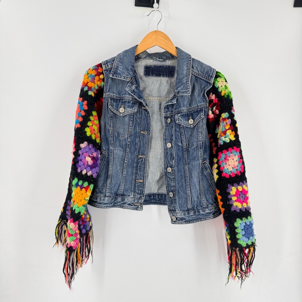 Express Upcycled Denim Jacket Small Crochet Granny Square Sleeve Fringe Boho 70s